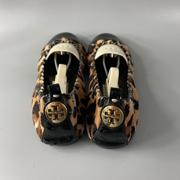 Tory Burch Black/Brown Abbey Ballerina Leather Leopard Slip-on Flats, 7M - Picture 1 of 11
